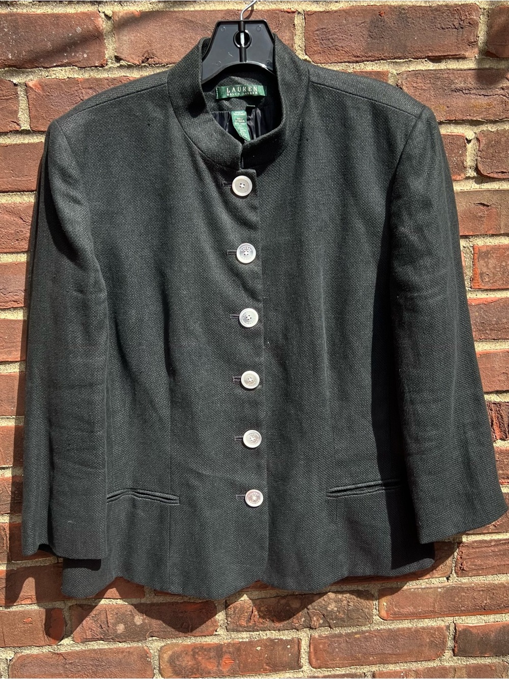 Lauren Ralph Lauren Vintage 90s 100% Linen Mandarin Collar Blazer Sz 14 Black
